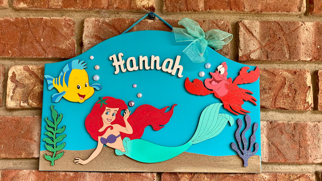 Little Mermaid wooden painted personalized decorative sign Ariel and Friends Little Mermaid Under the Sea Sign