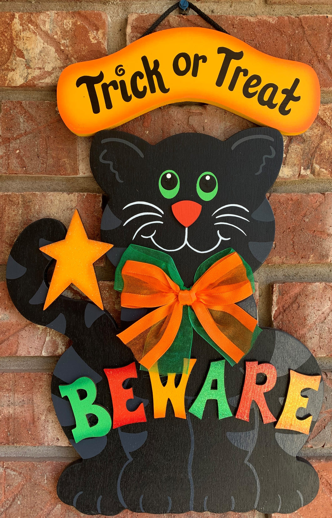 Halloween Trick or Treat Beware Cat wooden painted decorative sign