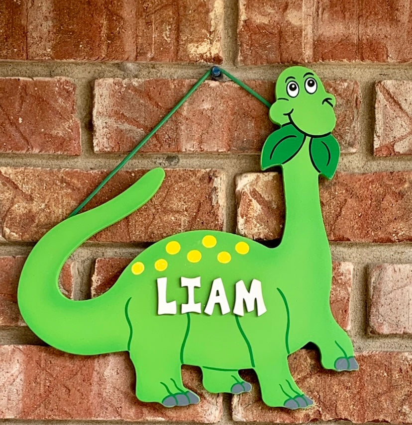 Long Neck Dinosaur Wooden Painted Personalized Dinosaur kids room sign