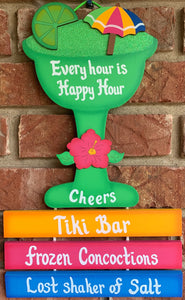 Tiki Bar Margarita Glass Wooden Painted Decorative wall sign Every Hour is Happy Hour