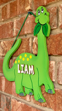 Load image into Gallery viewer, Long Neck Dinosaur Wooden Painted Personalized Dinosaur kids room sign
