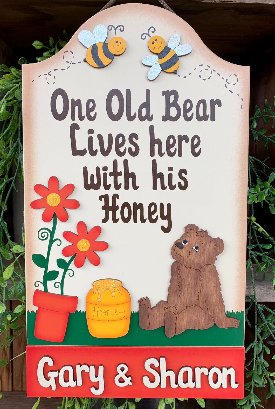 Welcome Personalized One old Bear lives her with his Honey Wooden Painted decorative personalized parents sign