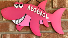 Load image into Gallery viewer, Shark Sign Wooden Painted Personalized Shark for kids room, bathroom, or by the pool
